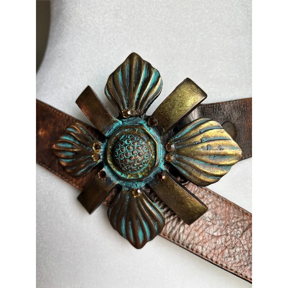 Leatherock Belt Statement 32 Brown Leather Floral Buckle Distressed Western 1489
